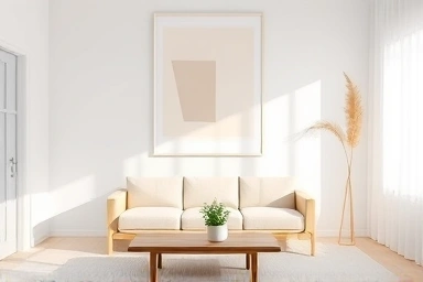 Minimalist Scandinavian living room with a geometric art poster.
